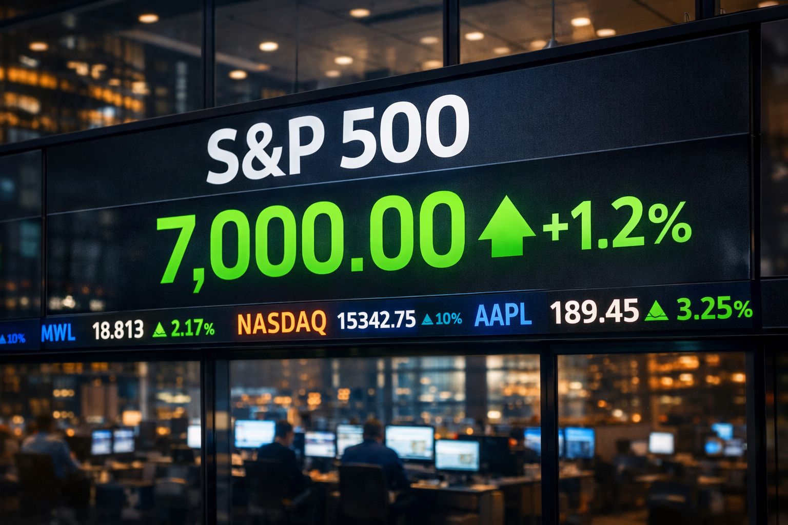 Wall Street trading floor stock market indices hitting all time highs S&P 500 Nasdaq rally green financial charts