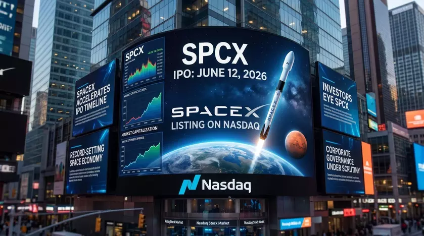 SpaceX IPO Nasdaq ticker SPCX rocket launch stock market financial charts capital inflow