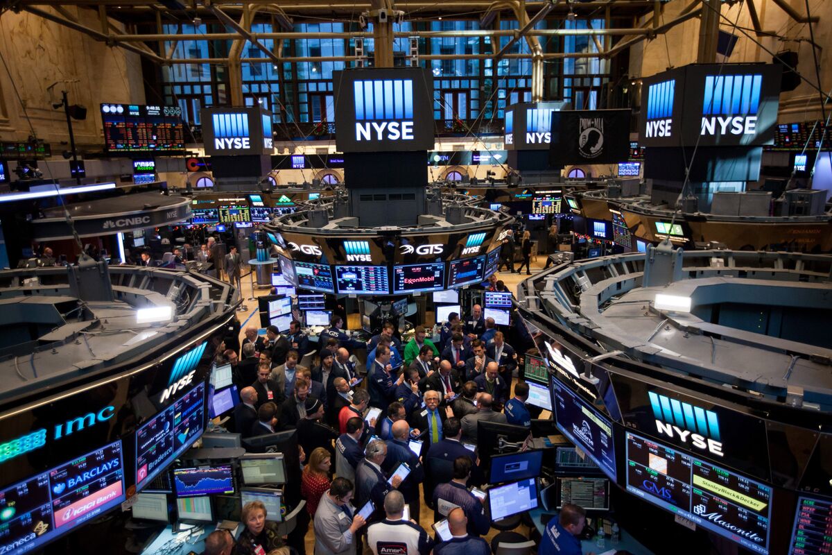 New York Stock Exchange traders floor corporate screens nasdaq s&p index correction profit taking