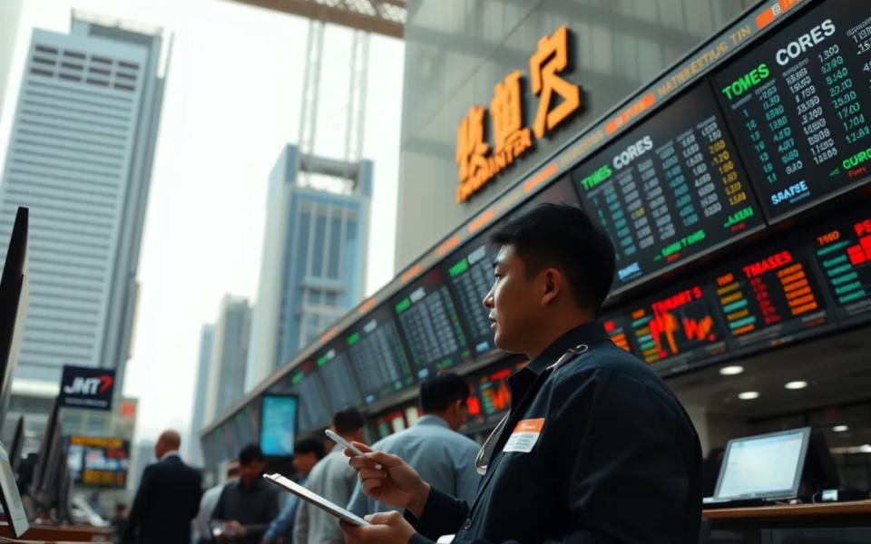 Asian trading terminal screens red and green mixed numbers bombay sensex nikkei index down hang seng